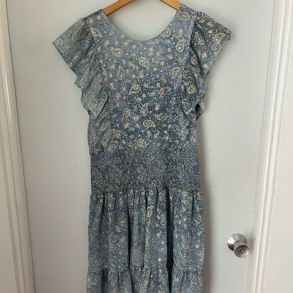 Michael Kors Blue Gold Paisley Dress Ruffles Stretch Waist Medium